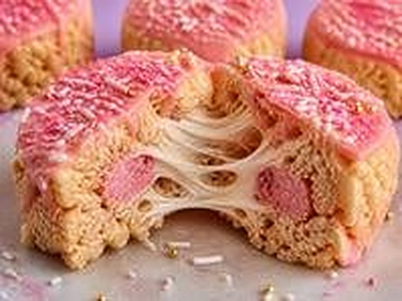 A giant round crispy rice treat pulled apart, gooey marshmallow stretching from the filled center